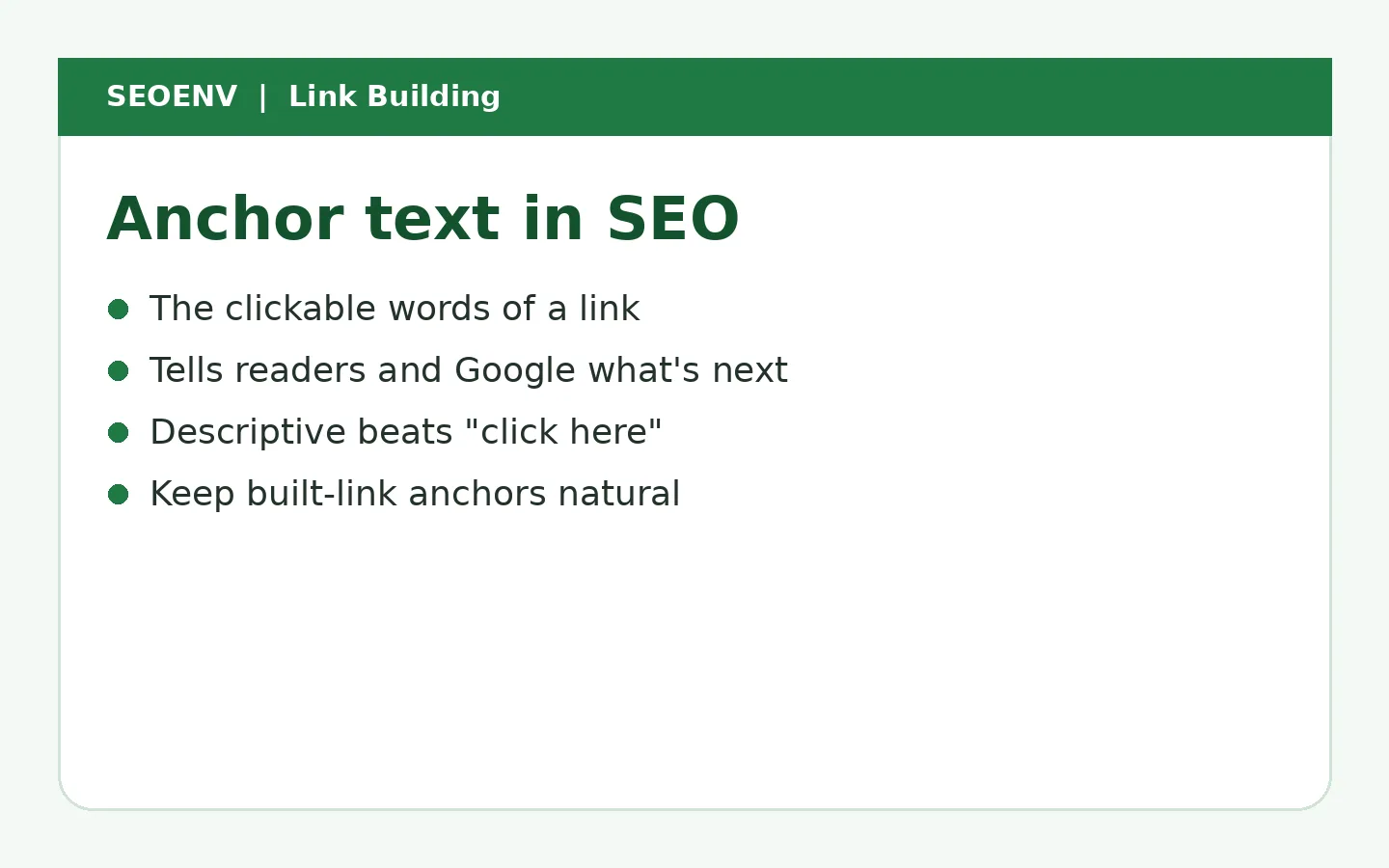 Anchor text in SEO summary: the clickable words of a link tell readers and Google what the target is about, descriptive anchors beat click here, and built-link anchors should stay natural