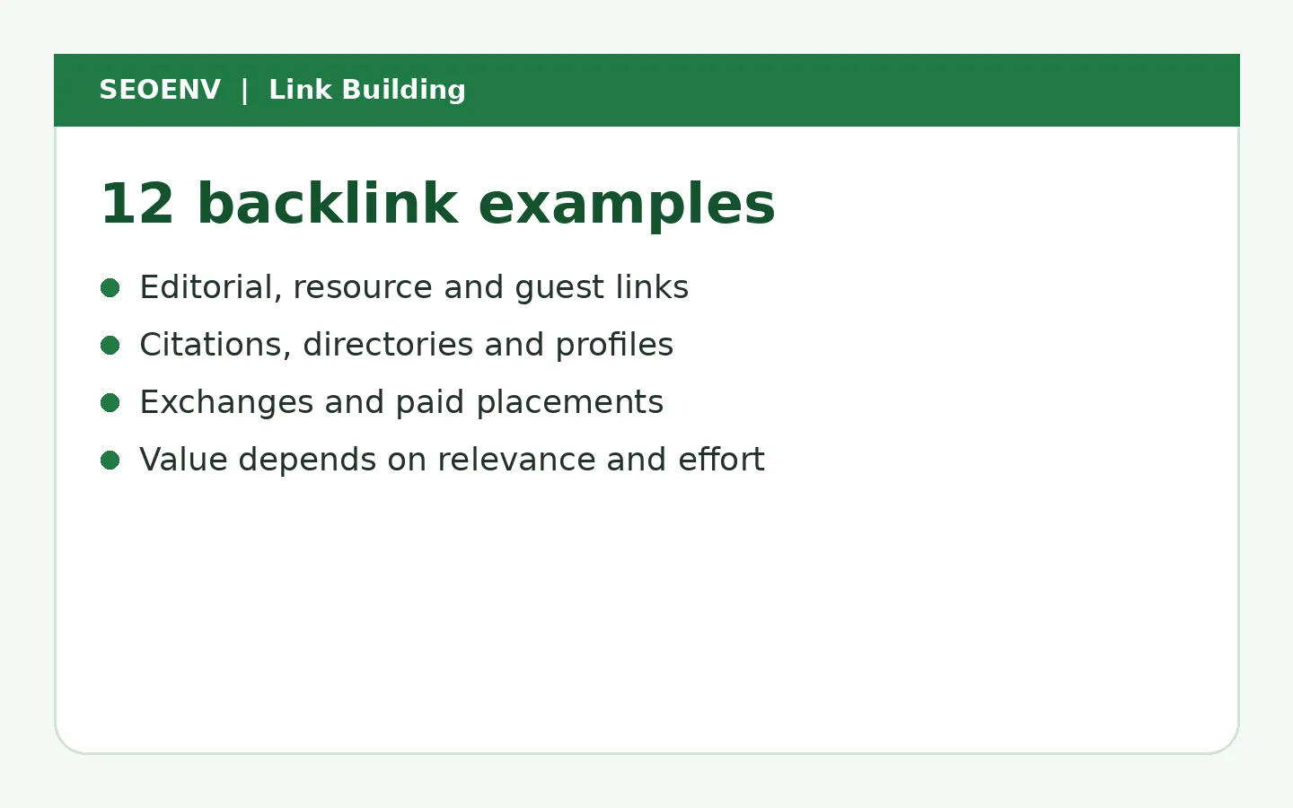 Twelve backlink examples grouped as editorial, resource and guest links; citations, directories and profiles; exchanges and paid placements, with value depending on relevance and effort