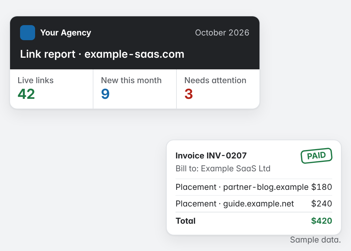 Branded client report header overlapping an invoice PDF preview marked Paid