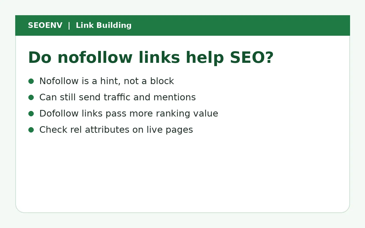 Summary of nofollow versus dofollow links: nofollow is a hint rather than a block, can still send traffic, dofollow links usually pass more ranking value, and rel attributes should be checked on the live page