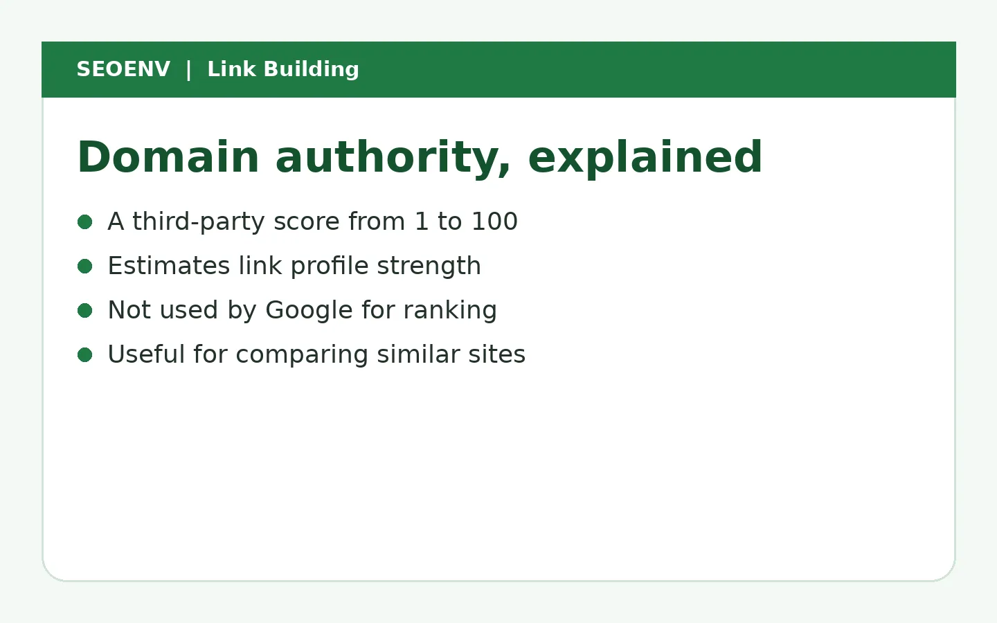 Domain authority summary: a third-party score from 1 to 100 that estimates link profile strength, is not used by Google for ranking and is best used to compare similar sites