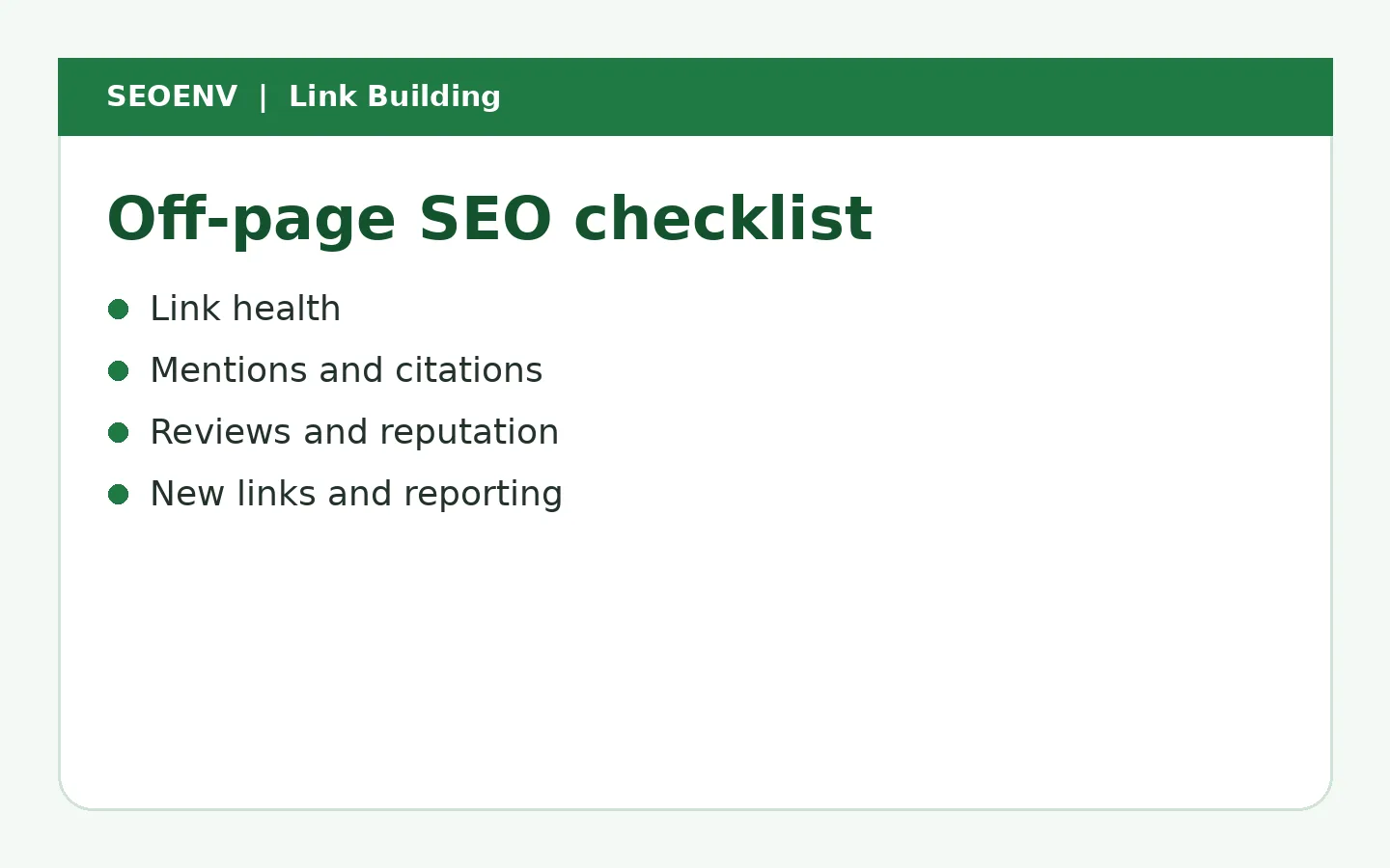 Off-page SEO checklist areas: link health, mentions and citations, reviews and reputation, and new links and reporting