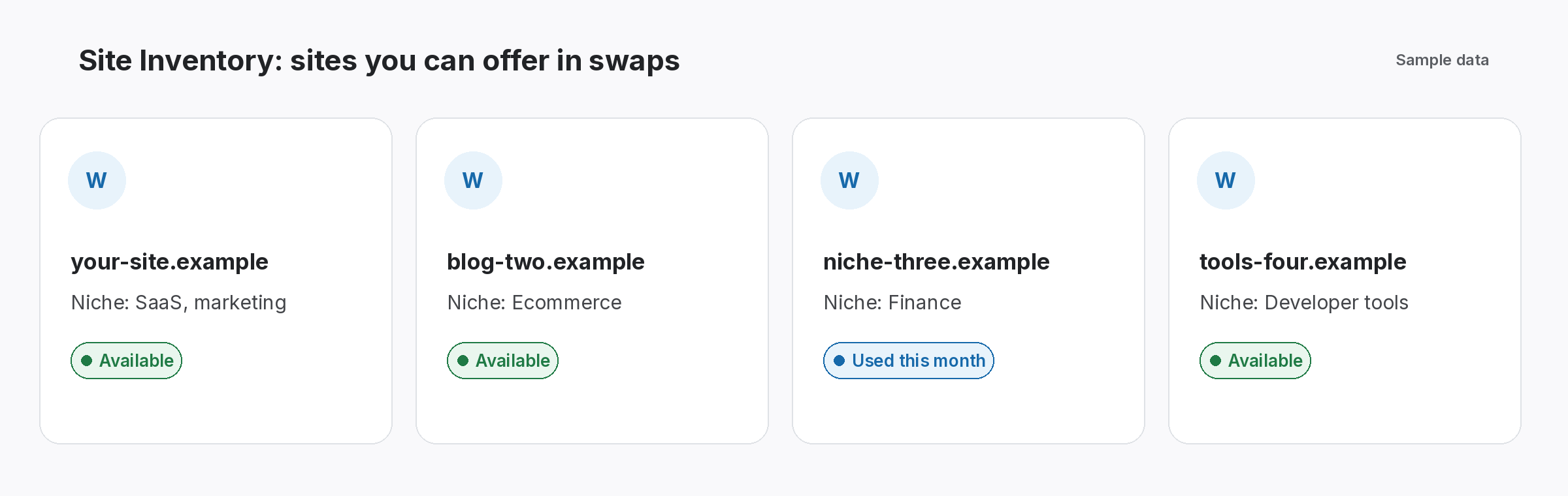 site-inventory-swap-sites-cards Site Inventory cards listing sample sites with niche and availability for link swaps